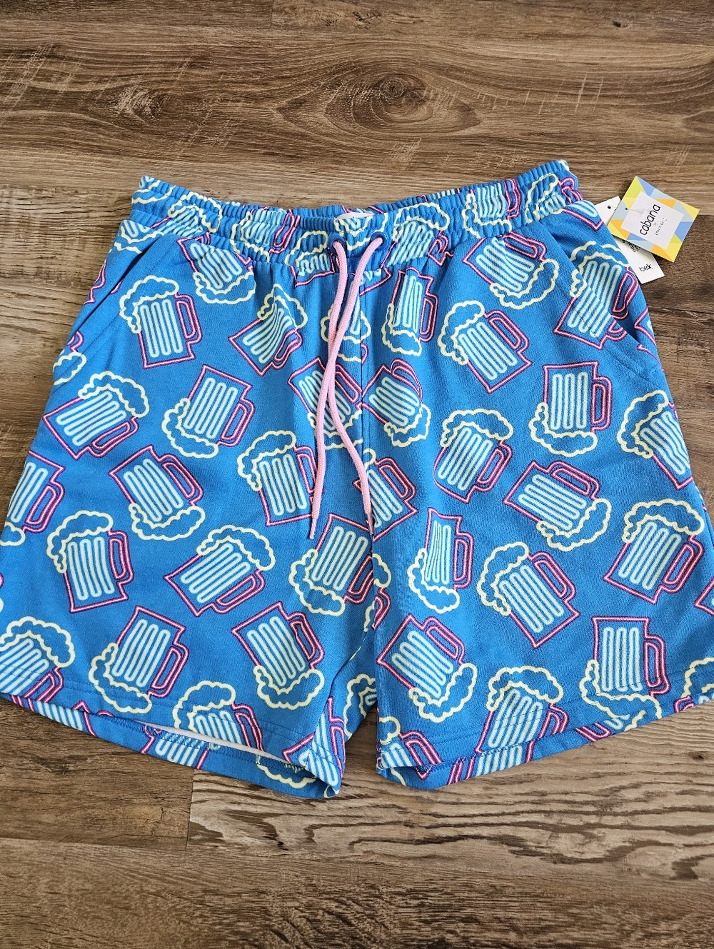 Cabana by Crown & Ivy‎ Mens Blue Beer Mug Graphic Knit Shorts Neon Size Med NWT